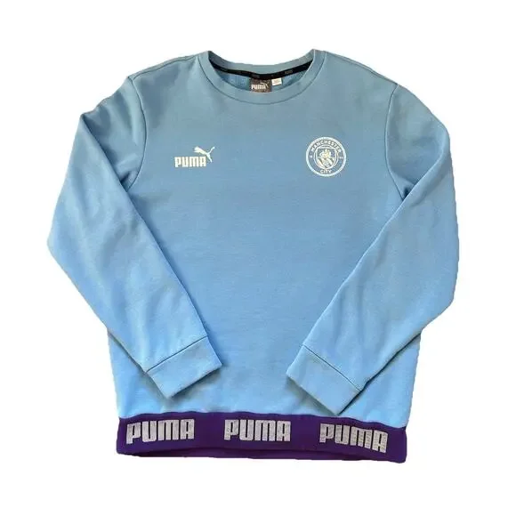 Puma Manchester City FC Soccer Crewneck Sweater Mens Size Medium Blue Sweatshirt - Picture 2 of 13